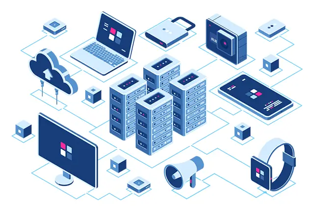 Illustration depicting interconnected servers, windows, applications, cloud, and security elements